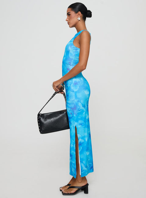 side view of model wearing Princess Polly Heartstring Maxi Dress Blue Crew Neck 