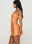 side view of model wearing Princess Polly Zabbarra Off The Shoulder Mini Dress Orange Straight Neck 