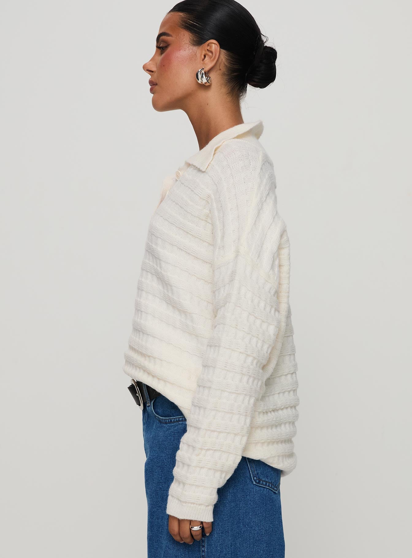 side view of model wearing Princess Polly Autumnal Collared Sweater Cream 