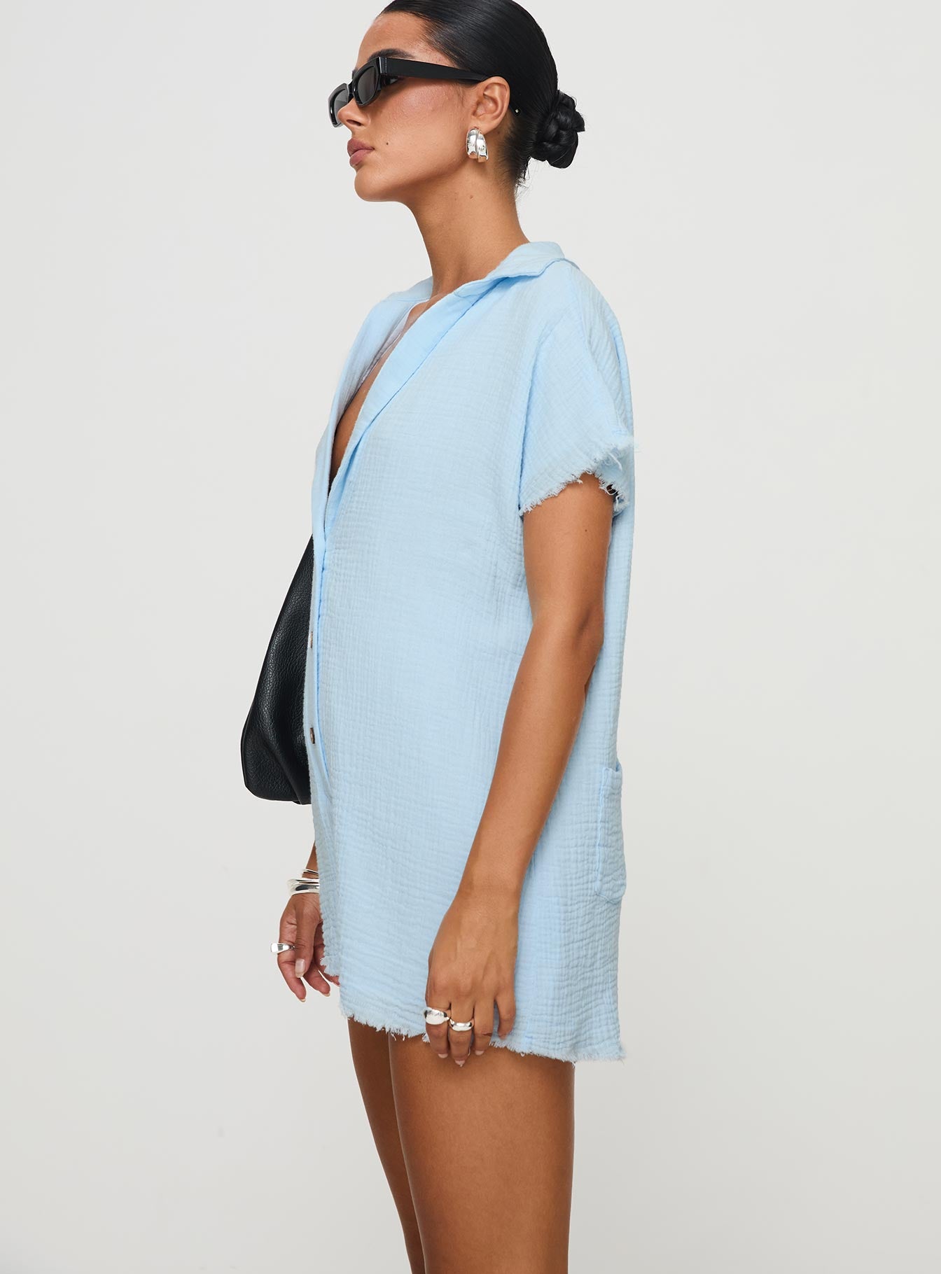 Romper Classic collar, v-neckline, button fastening at front, raw edge hem Non-stretch, fully lined