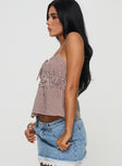 side view of model wearing Princess Polly Ansilin Top Brown Check Sleeveless Square Neck 