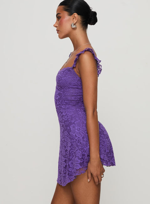 side view of model wearing Princess Polly Beacall Mini Dress Purple Square Neck 