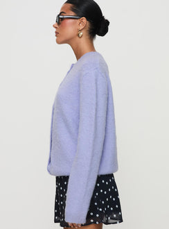 side view of model wearing Princess Polly Alyse Mohair Cardigan Lilac Long 