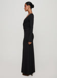 side view of model wearing Princess Polly Lezure Plunge Long Sleeve Maxi Dress Black Plunger 