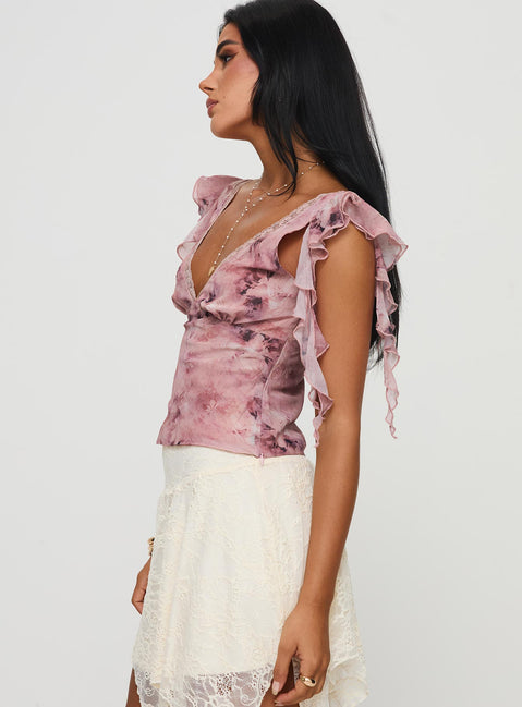 side view of model wearing Princess Polly Miztry Top Pink Short Sleeves V-Neck 