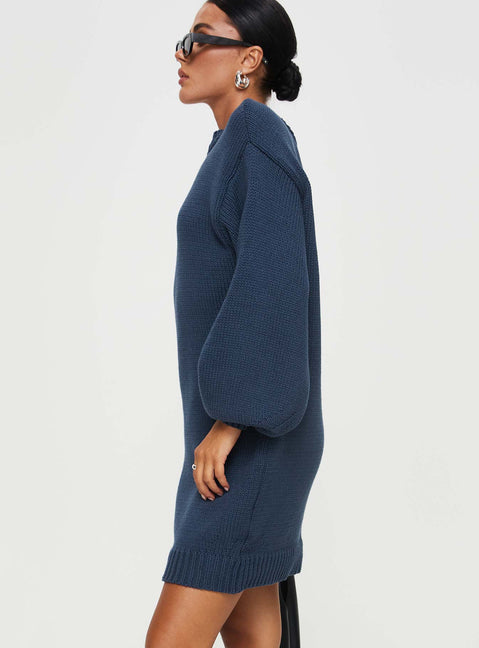 Front view of model wearing  front Princess Polly High Neck High Neck High Neck  Harmony Knit Mini Dress Navy