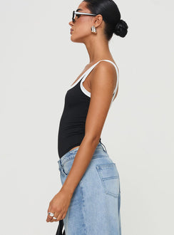 side view of model wearing Princess Polly Astrea Bodysuit Black / White Sleeveless 