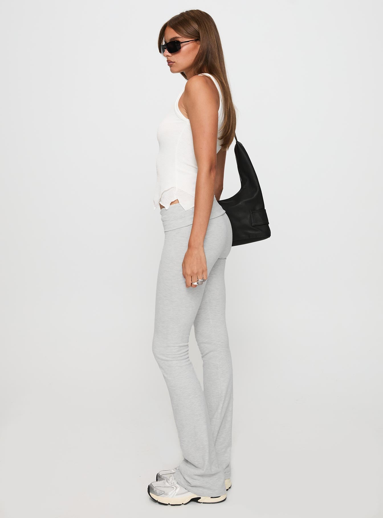 side view of model wearing Princess Polly Movement Yoga Pant Grey Marle Low Rise Pants 