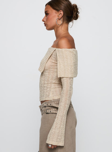 side view of model wearing Princess Polly Cardamom Long Sleeve Top Beige Full Sleeves straight 