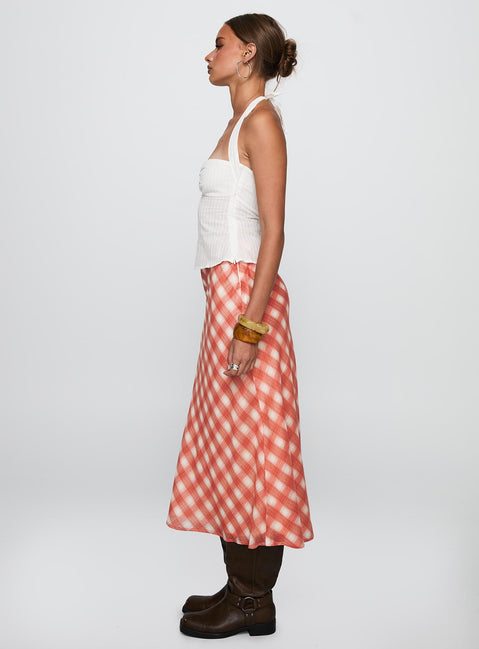   side view of model wearing Princess Polly Living Color Maxi Skirt Orange Gingham Midi Skirts 