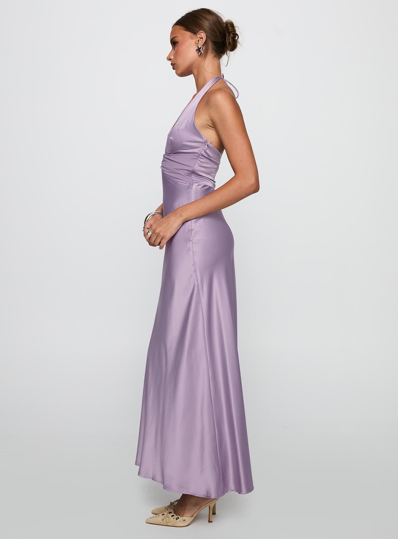 side view of model wearing Princess Polly Rousseau Halter Maxi Dress Mauve Plunger 