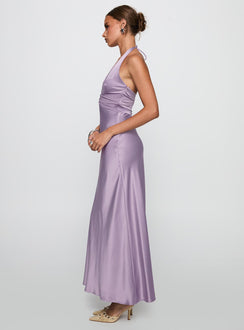 side view of model wearing Princess Polly Rousseau Halter Maxi Dress Mauve Plunger 