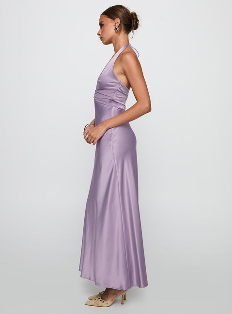 side view of model wearing Princess Polly Rousseau Halter Maxi Dress Mauve Plunger 