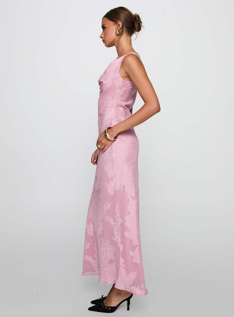 side view of model wearing Princess Polly Brietta Cowl Maxi Dress Pink Cowl Neck 