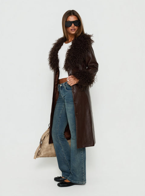 Adeliah Faux Fur Longline Jacket Brown