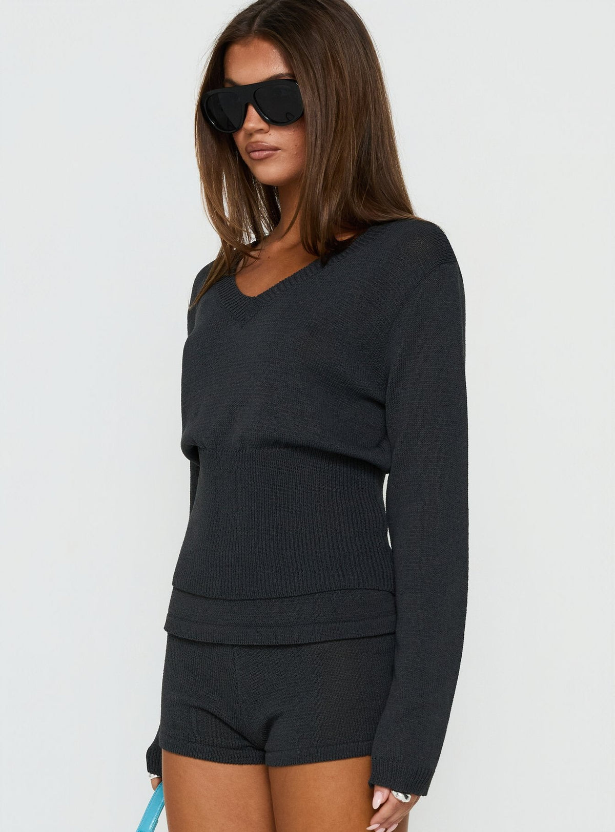 Elsari Cinched Waist V Neck Knit Jumper Charcoal