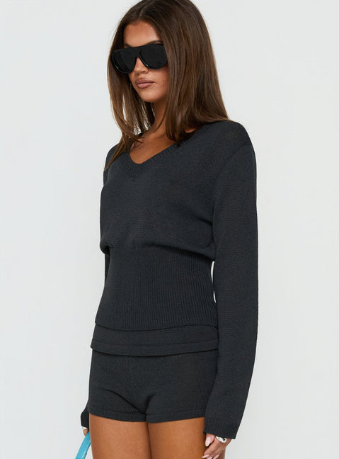Elsari Cinched Waist V Neck Knit Jumper Charcoal