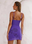 back view of model wearing Princess Polly Harlequin Mini Dress Purple V-Neck 