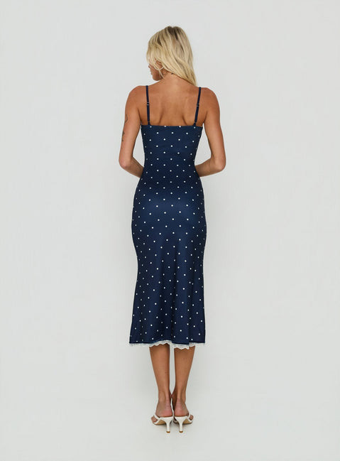 Delaney V-Ausschnitt Rüschen-Midikleid Navy / Weiß Gepunktet