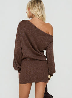 Johannah Off Shoulder Long Sleeve Knit Mini Dress Brown