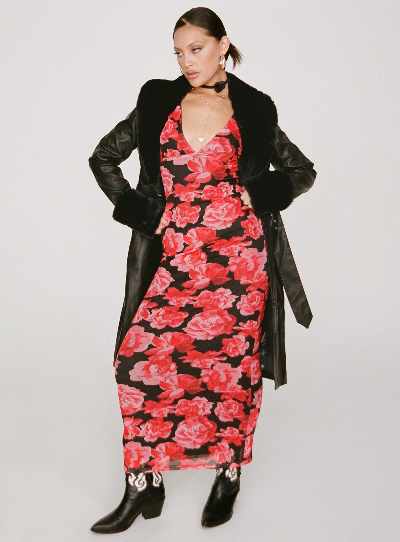 Black and red floral maxi dress sale