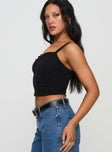 side view of model wearing Princess Polly Essentials Ruched Rib Cami Top Black Sleeveless Sweetheart 