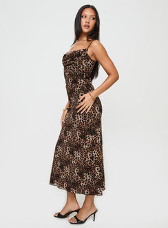 side view of model wearing Princess Polly Sugar Maxi Dress Leopard Cowl Neck 