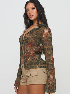 side view of model wearing Princess Polly Luelue Long Sleeve Shirt Multi Full Sleeves V-Neck 