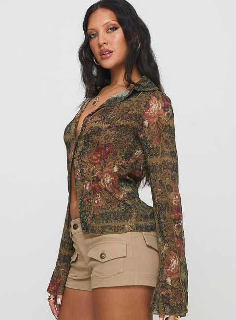 side view of model wearing Princess Polly Luelue Long Sleeve Shirt Multi Full Sleeves V-Neck 