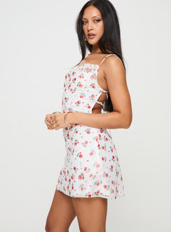 side view of model wearing Princess Polly Celena Lace Mini Dress White / Red Floral Sweetheart Neckline 