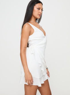 side view of model wearing Princess Polly Sabelle Mini Dress White Plunger 