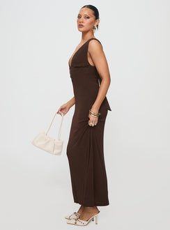 side view of model wearing Princess Polly Steward Maxi Dress Chocolate Petite Plunger 