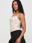 side view of model wearing Princess Polly Zachariah Cami Top White Floral Sleeveless Square Neck 