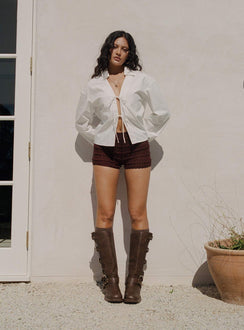 back view of model wearing Princess Polly Angelis Lace Shorts Chocolate High Waisted Shorts 