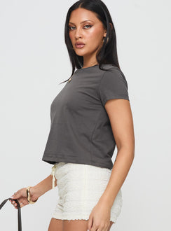 side view of model wearing Princess Polly Micah Tee Charcoal Short Sleeves Crew Neck 