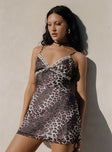 front view of model wearing Princess Polly Karena Mini Dress Leopard Tall V-Neck 