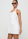 side view of model wearing Princess Polly Mallorie Halter Mini Dress White Scoop Neck 