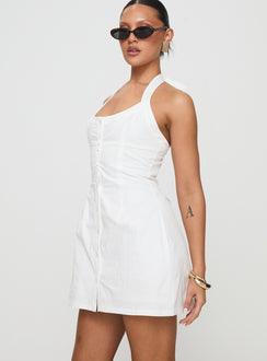 side view of model wearing Princess Polly Mallorie Halter Mini Dress White Scoop Neck 