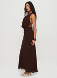 side view of model wearing Princess Polly Alejandria Cowl Neck Maxi Dress Chocolate Cowl Neck 