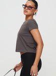 side view of model wearing Princess Polly Polly Bow Tee Charcoal Short Sleeves Crew Neck 