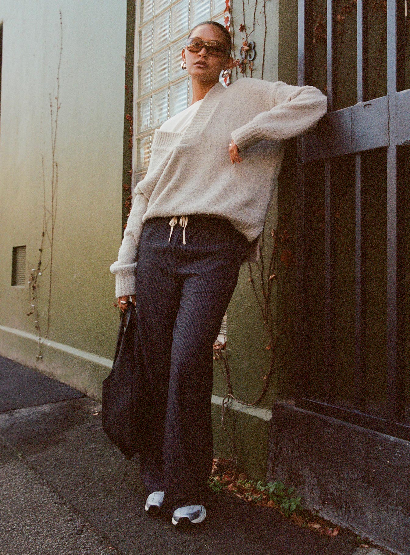 side view of model wearing Princess Polly Mich Knit Sweater Beige 