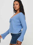 side view of model wearing Princess Polly Jaimee Tie Up Knit Top Blue 