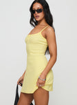 side view of model wearing Princess Polly Baseline Rib Mini Dress Yellow Scoop Neck 