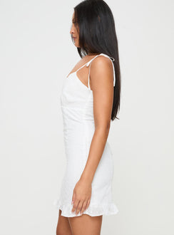 side view of model wearing Princess Polly Zenaida Mini Dress White V-Neck 