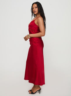side view of model wearing Princess Polly Treasure Bias Cut Maxi Dress Red V-Neck 