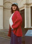 side view of model wearing Princess Polly Abner Cable Cardigan Red Long 