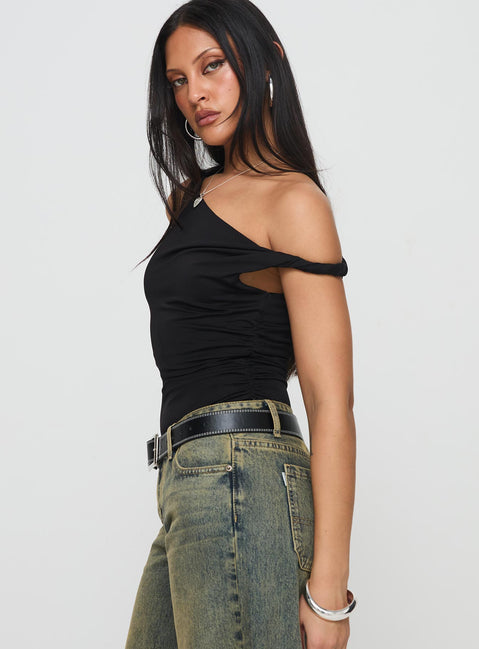 side view of model wearing Princess Polly Leclerc Bodysuit Black Sleeveless Asymmetric Neckline 