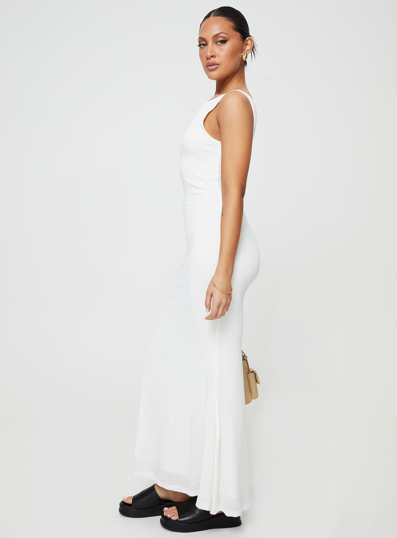 side view of model wearing Princess Polly Ashen Maxi Dress White Boat Neck 