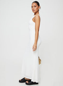 side view of model wearing Princess Polly Ashen Maxi Dress White Boat Neck 