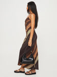 side view of model wearing Princess Polly Otillie Maxi Dress Brown Multi Petite Scoop Neck 